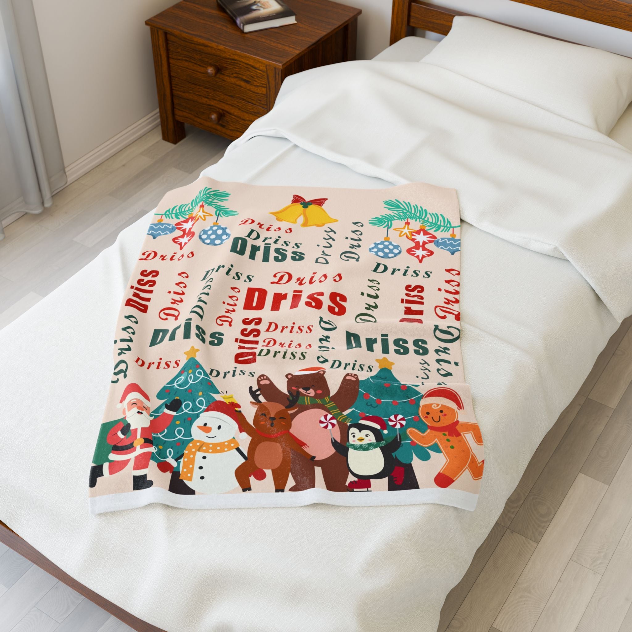 Christmas Character Velveteen Plush Blanket – Santa, Reindeer & Friends with Custom Name