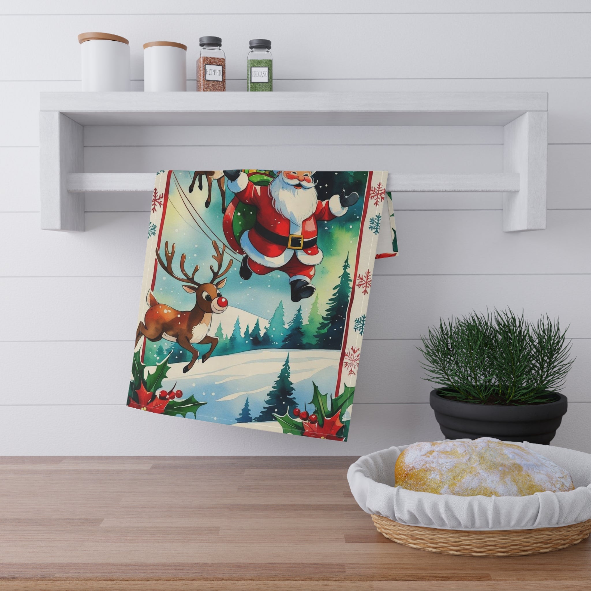 Festive Christmas Tea Towel with Santa and Reindeer Design