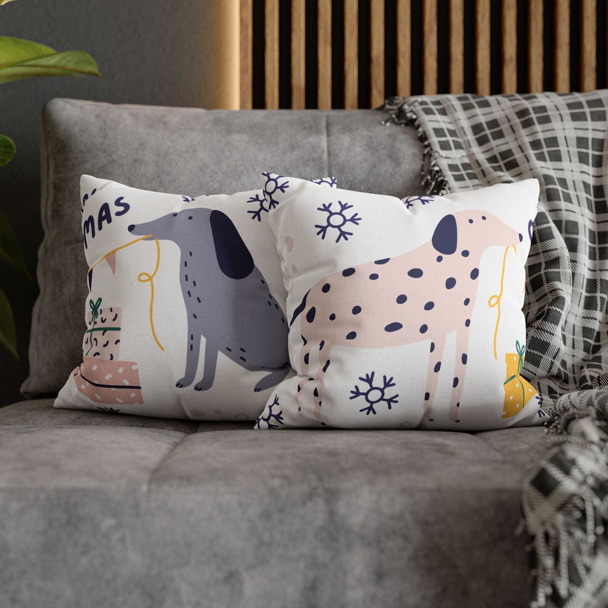 Christmas Dog Pillow Cover – Double-Sided Pastel Holiday Decor with Gifts & Snowflakes