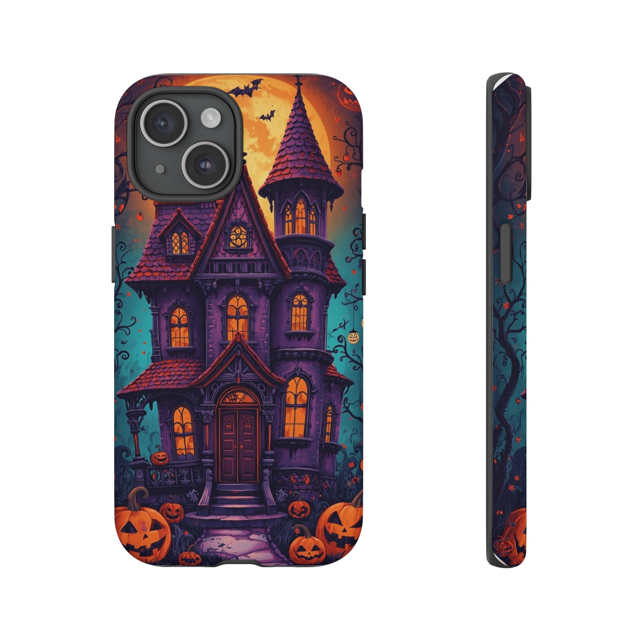 Halloween Phone Case with Haunted House, Bats, and Orange Moon