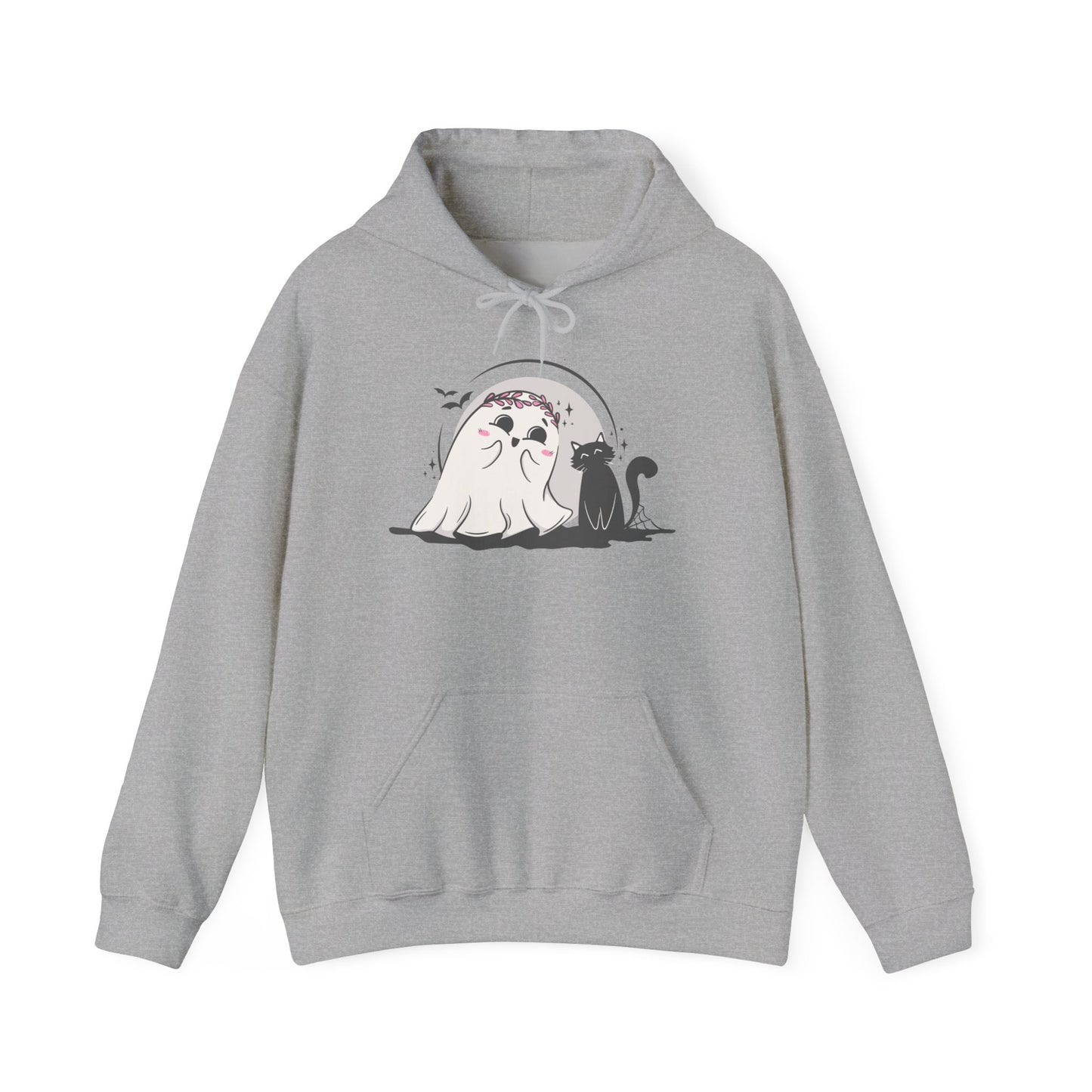 Floral Ghost & Black Cat Hoodie – Cute Halloween Companions