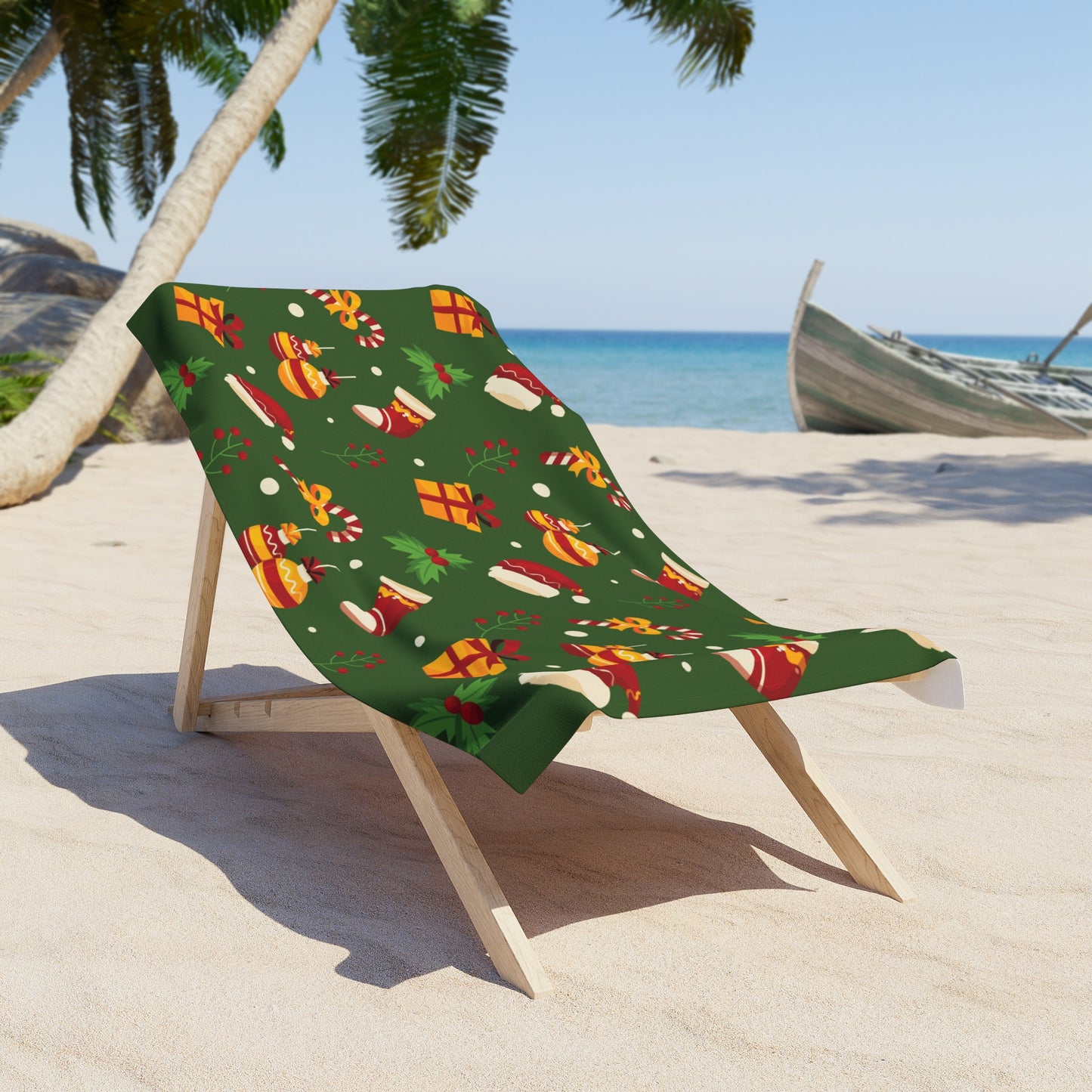 Christmas Beach Towel – Green with Holiday Icons – Festive Summer Gift