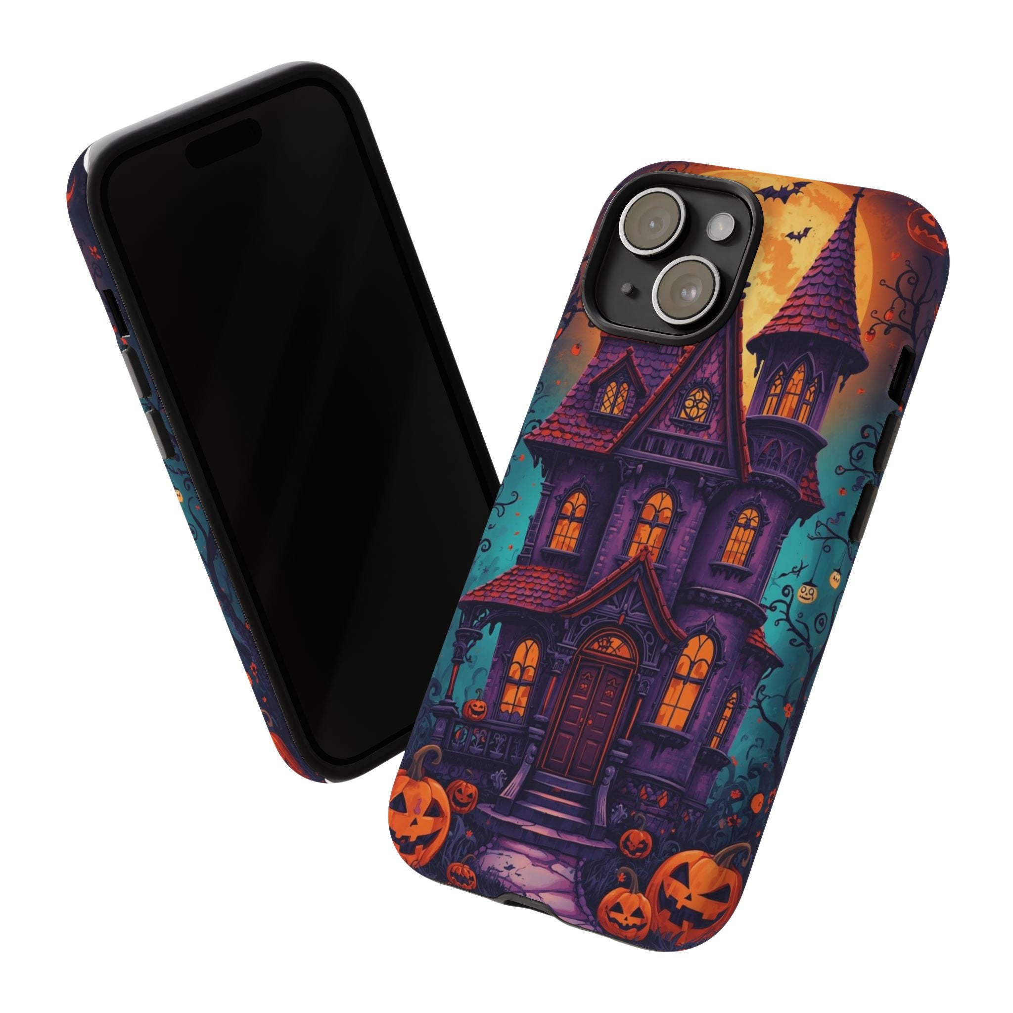 Halloween Phone Case with Haunted House, Bats, and Orange Moon