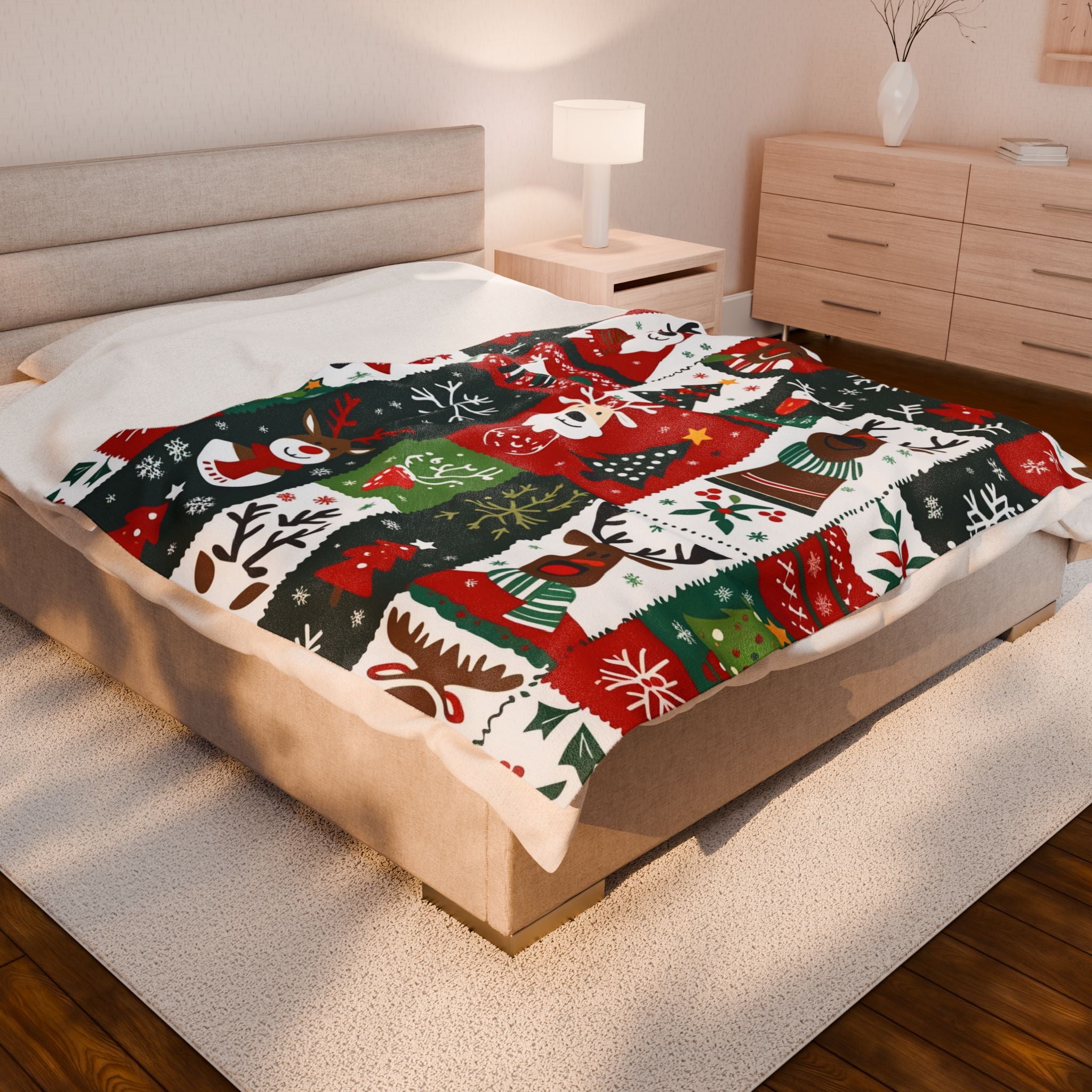 Patchwork Christmas Velveteen Plush Blanket – Reindeer, Trees & Snowflake Holiday Print