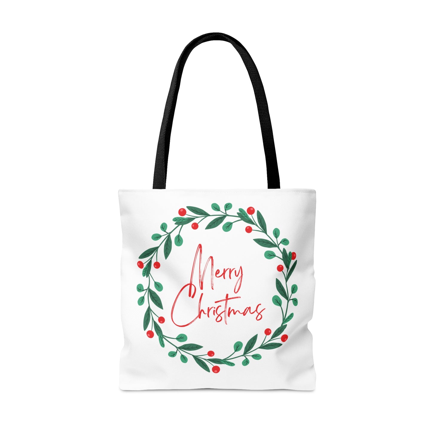 Christmas Tote Bag with “Merry Christmas” Wreath Design – Festive All-Over Print Carryall in 3 Sizes