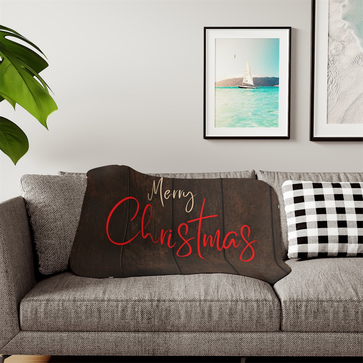 Merry Christmas Printed Sherpa Blanket, Coffee