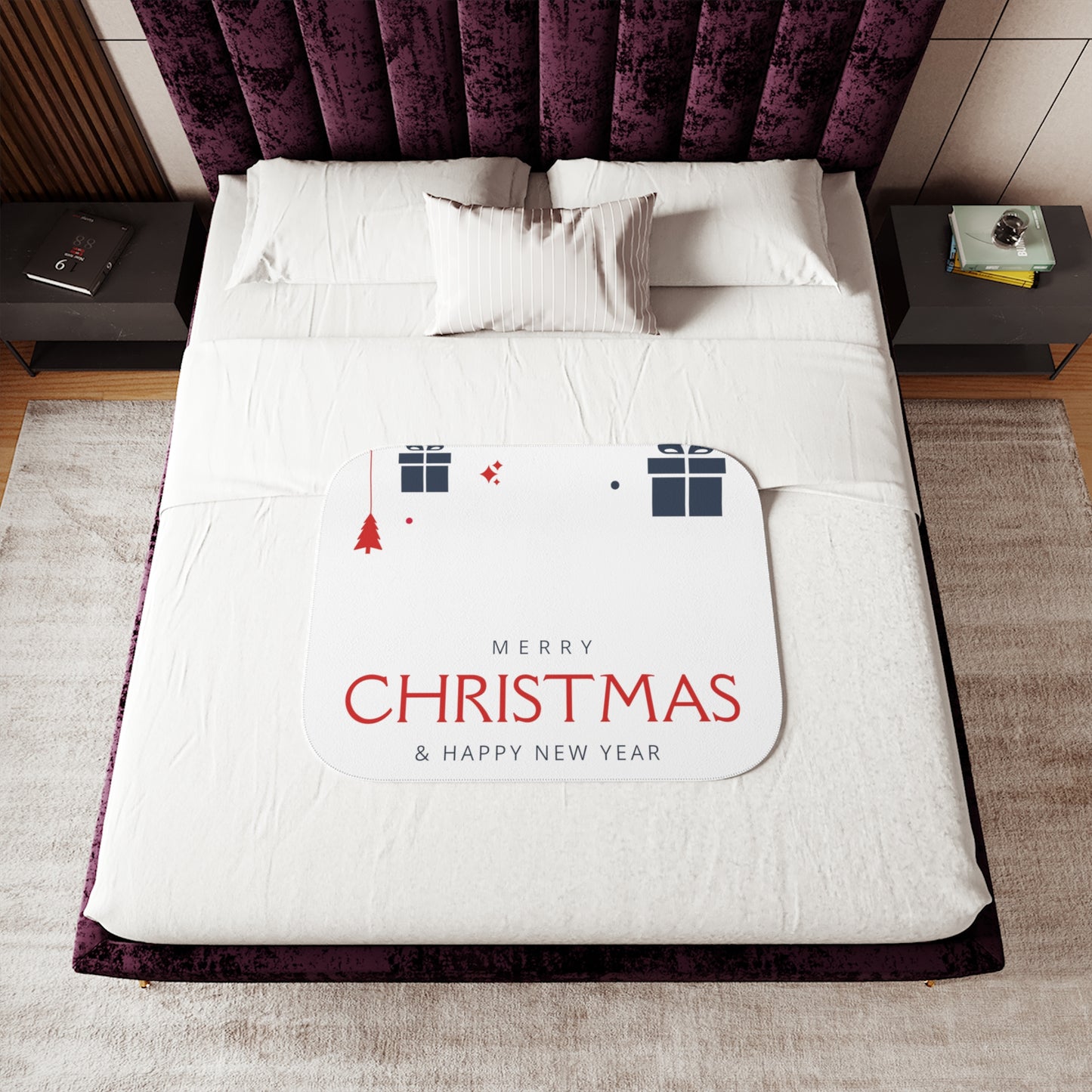 Merry Christmas & Happy New Year Printed Sherpa Blanket, White