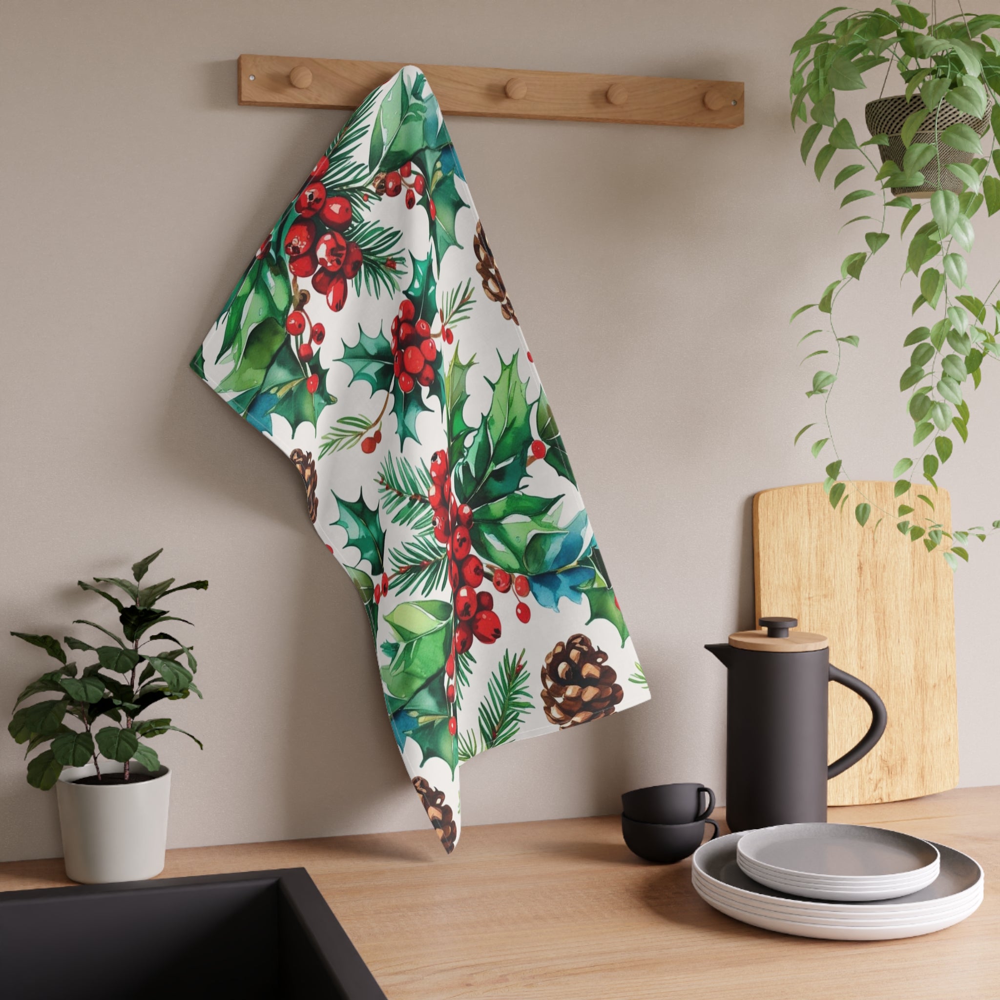 Festive Christmas Tea Towel with Holly and Pinecone Pattern
