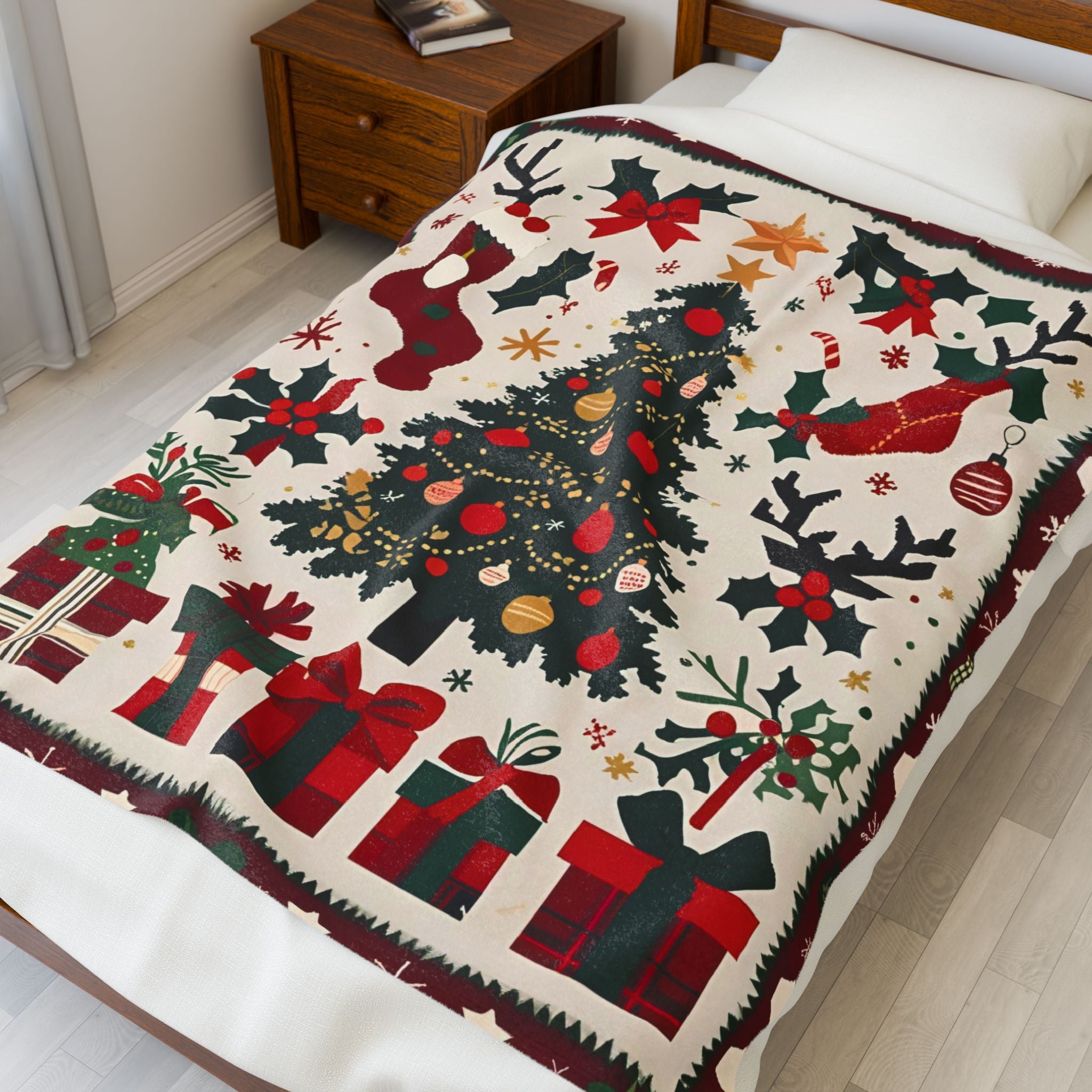 Christmas Tree Velveteen Plush Blanket – Holiday Stockings, Gifts & Holly Print Throw