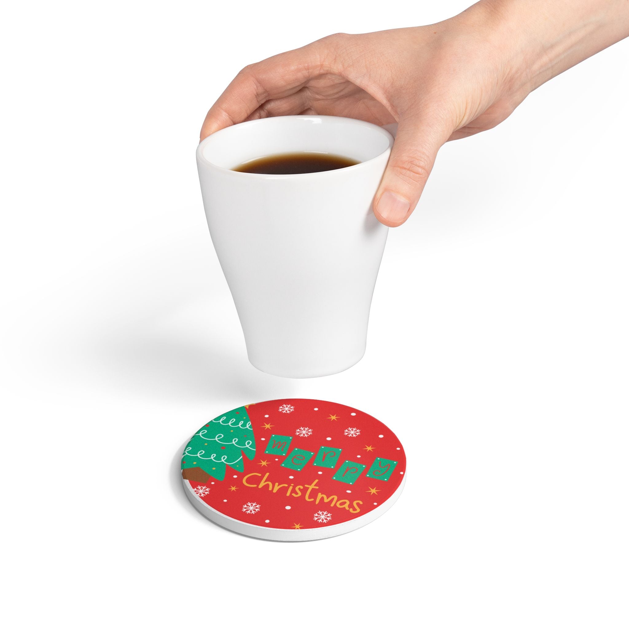 Christmas Ceramic Coaster with Tree and Snowflake Design