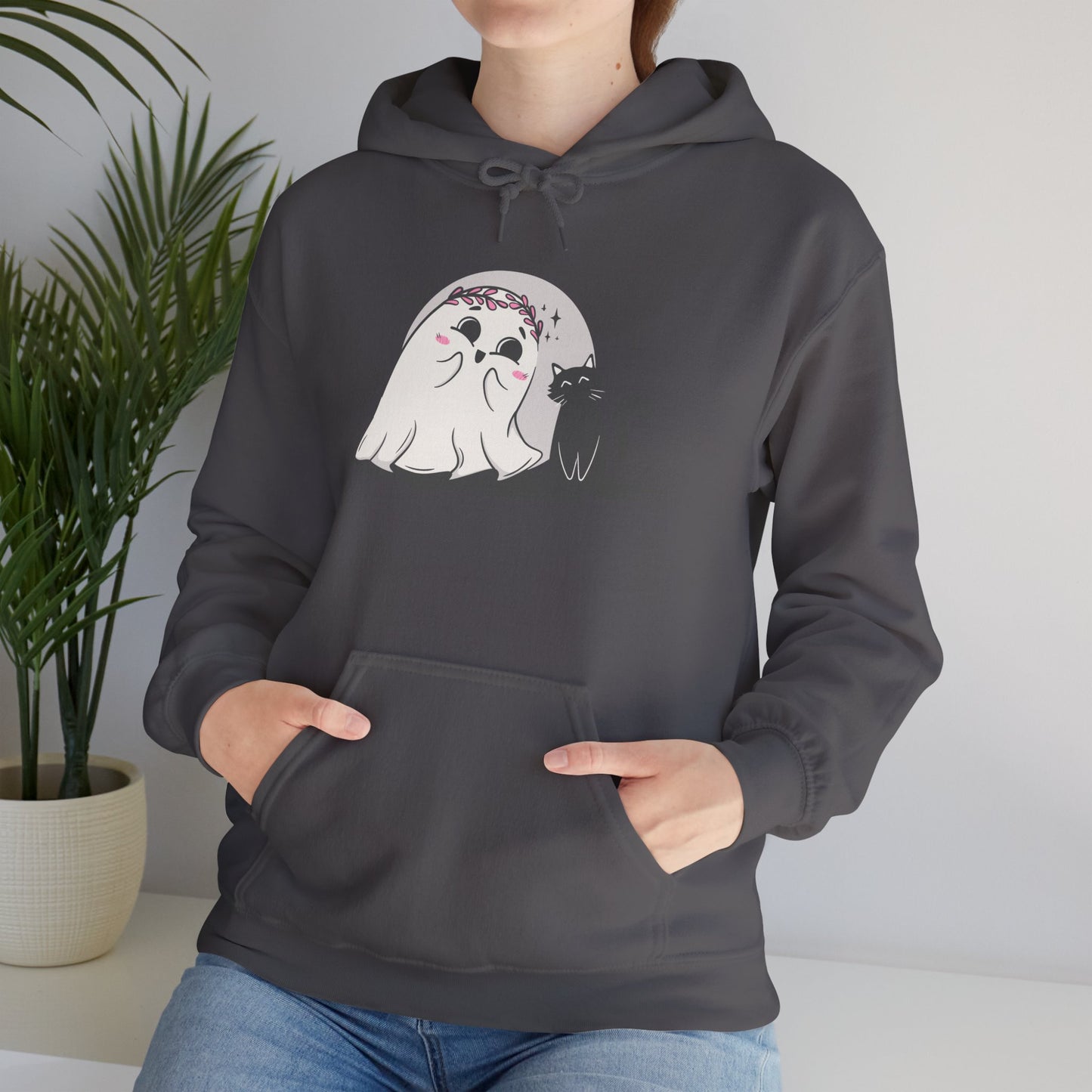 Floral Ghost & Black Cat Hoodie – Cute Halloween Companions