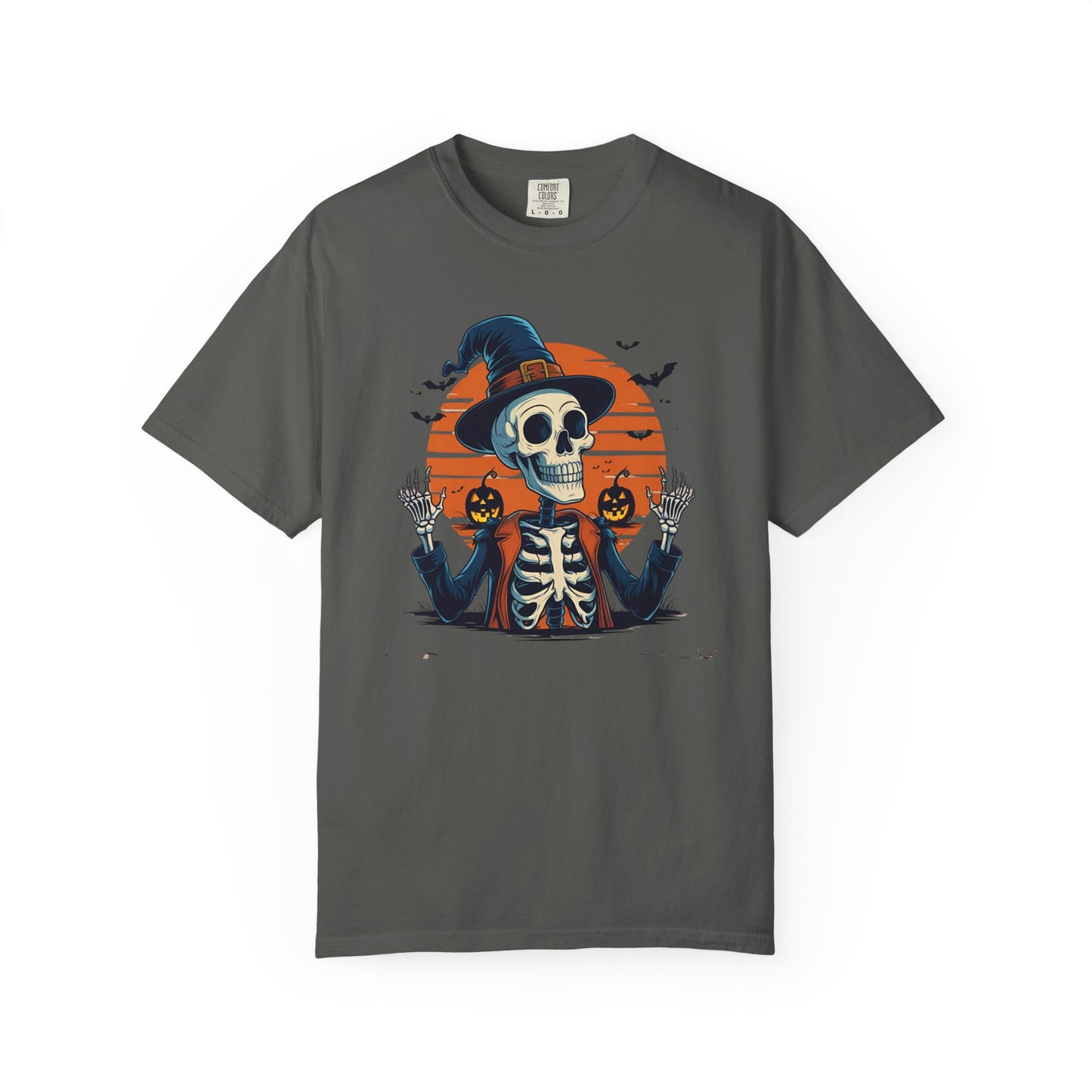 Skeleton Witch Halloween T-shirt for Adults & Teens, Funny Spooky Sunset Graphic Tee, Unisex Garment-Dyed Top, Pumpkin Hat Shirt, Halloween
