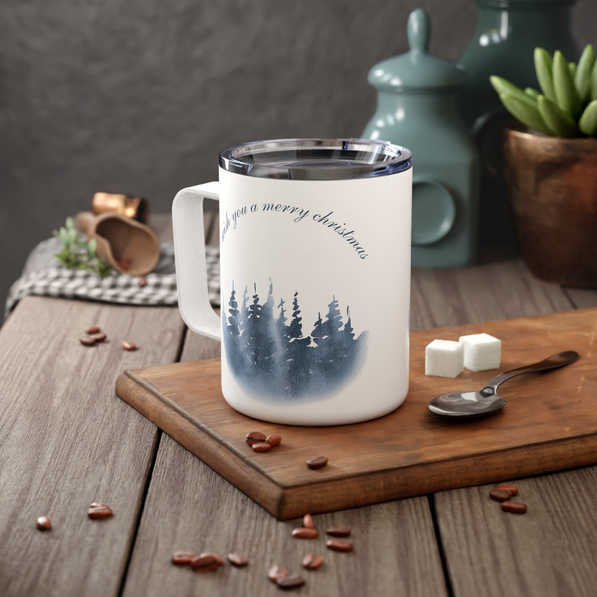 10oz Insulated Travel Mug – “Wish You a Merry Christmas” with Blue Pine Tree Silhouettes, Stainless Steel