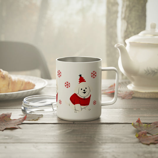 10oz Insulated Travel Mug – Festive Dog in Red Sweater & Hat, Stainless Steel, Holiday Snowflake Design