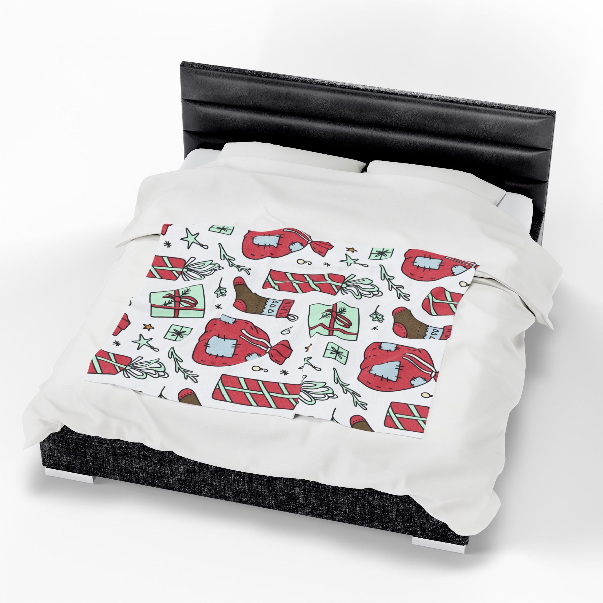Gift Bag & Candy Cane Velveteen Plush Blanket – Festive Christmas Present Pattern