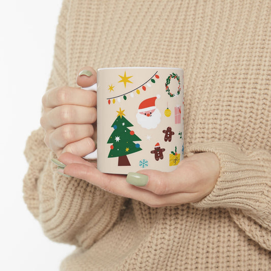 Ceramic Mug – Christmas Icons with Santa, Gingerbread Men & Wreaths – 11oz Festive Gift for Coffee & Cocoa Lover