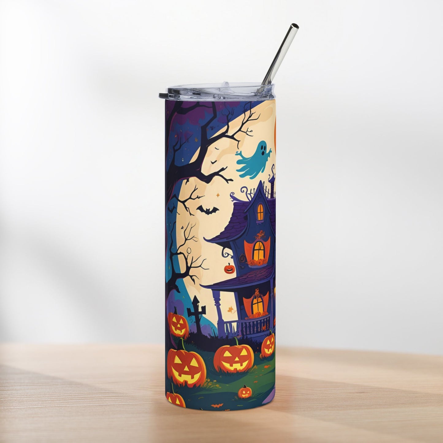 Haunted House Halloween Tumbler – Moonlit Mansion & Pumpkin Parade
