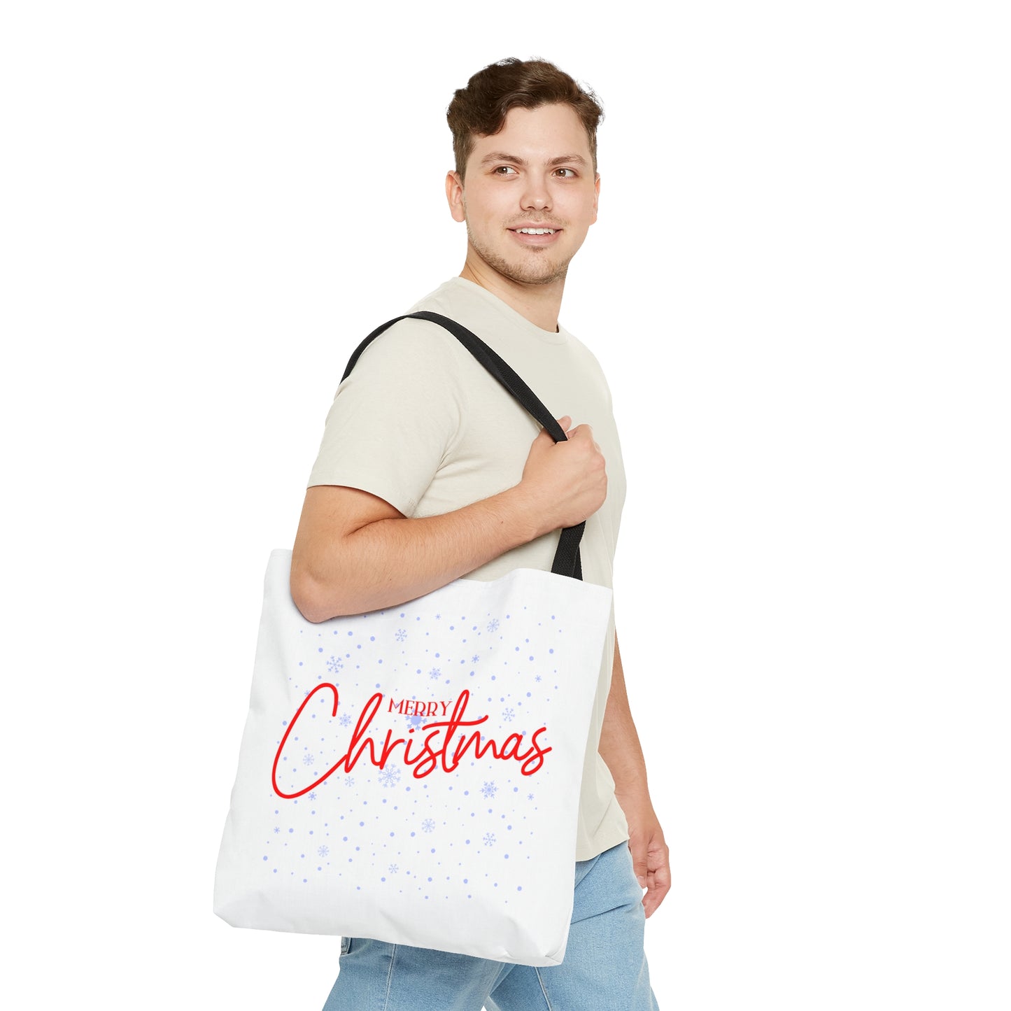 Tote Bag – Red “MERRY Christmas” Text with Snowflake Pattern – Holiday Gift for Seasonal Shoppers