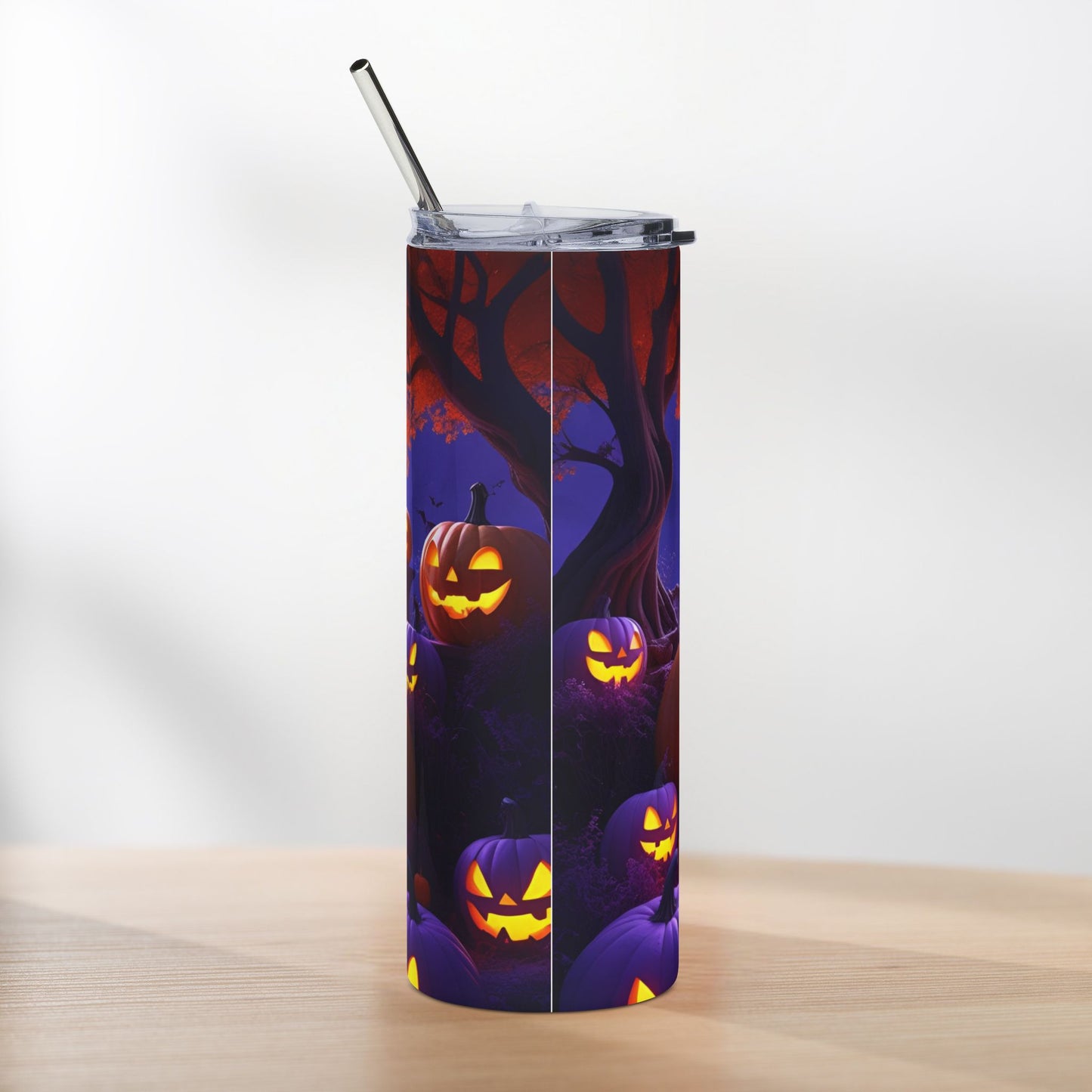 Glowing Pumpkins Halloween Tumbler – Ghosts, Bats & Moonlit Night
