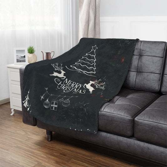 Merry Christmas in Black Printed Velveteen Minky Blanket