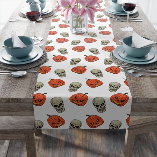 Cartoon Skull & Pumpkin Table Runner – Festive Orange & Gray Halloween Decor