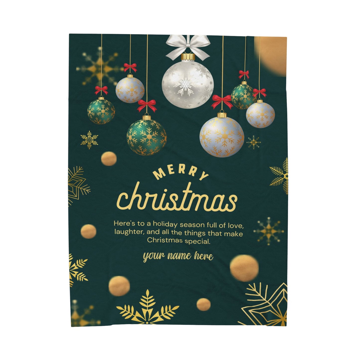 Elegant Green & Gold Christmas Blanket – Personalized Holiday Gift with Ornaments and Message
