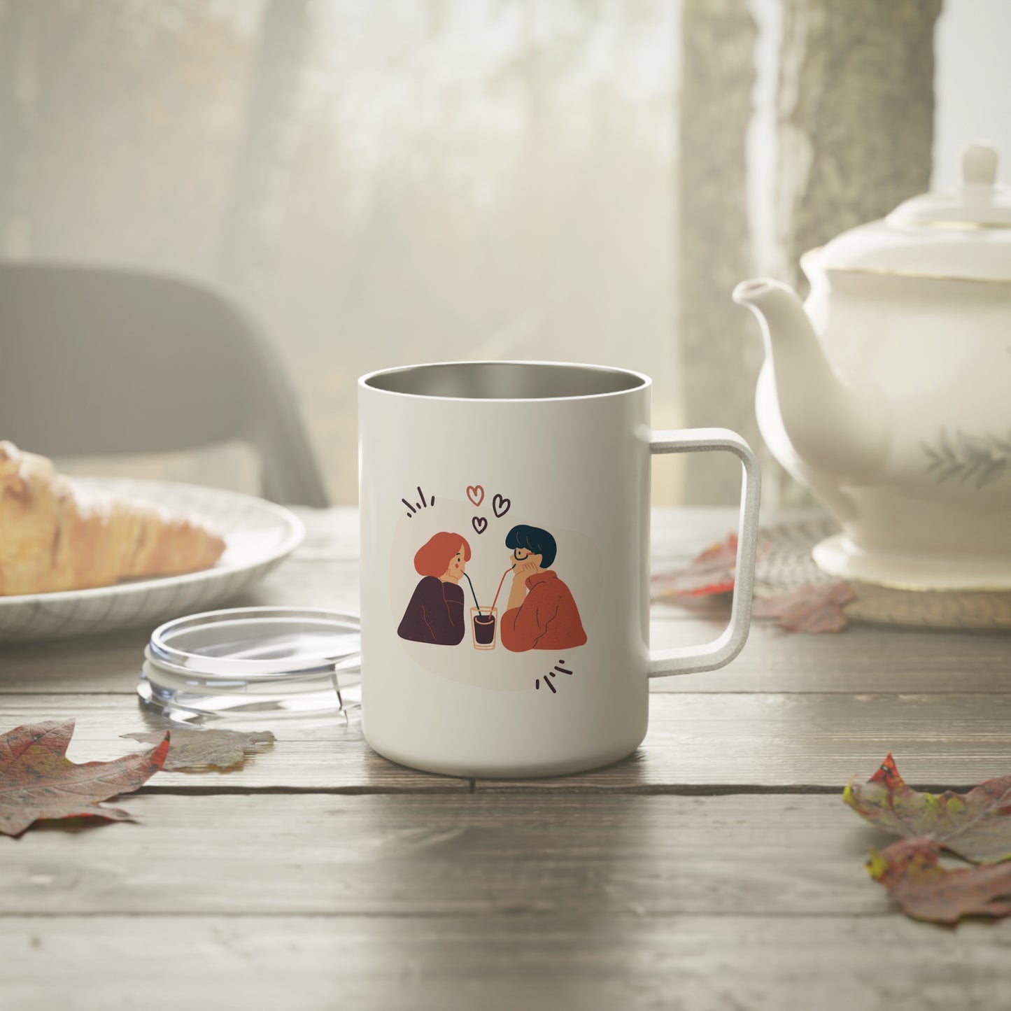 10oz Insulated Travel Mug – Couple on Bicycle Illustration, Stainless Steel, Glossy White Finish