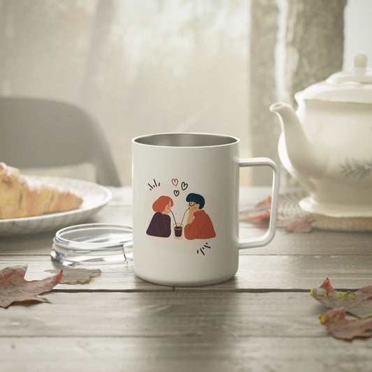 10oz Insulated Travel Mug – Couple on Bicycle Illustration, Stainless Steel, Glossy White Finish