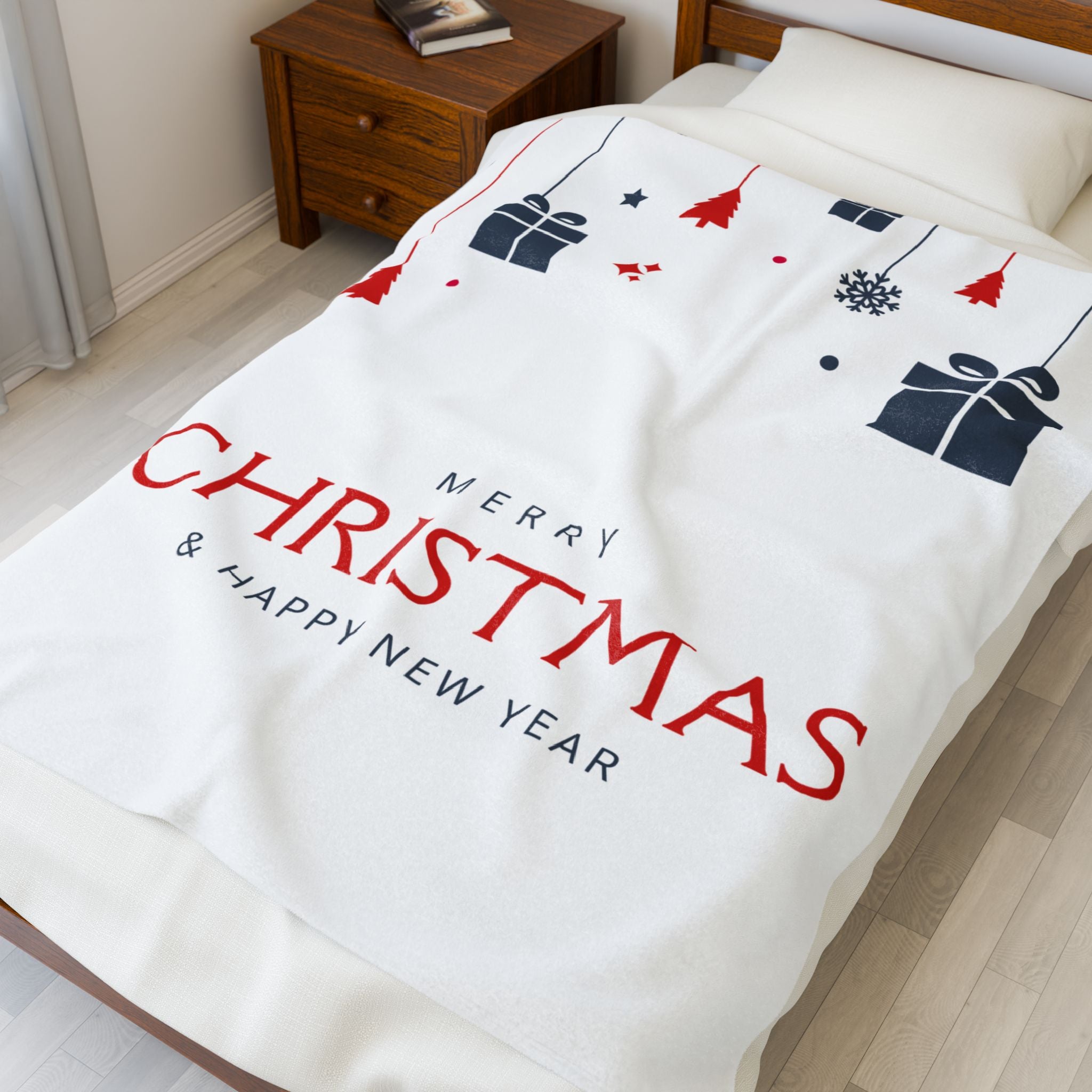 Merry Christmas & Happy New Year Printed Velveteen Plush Blanket, White