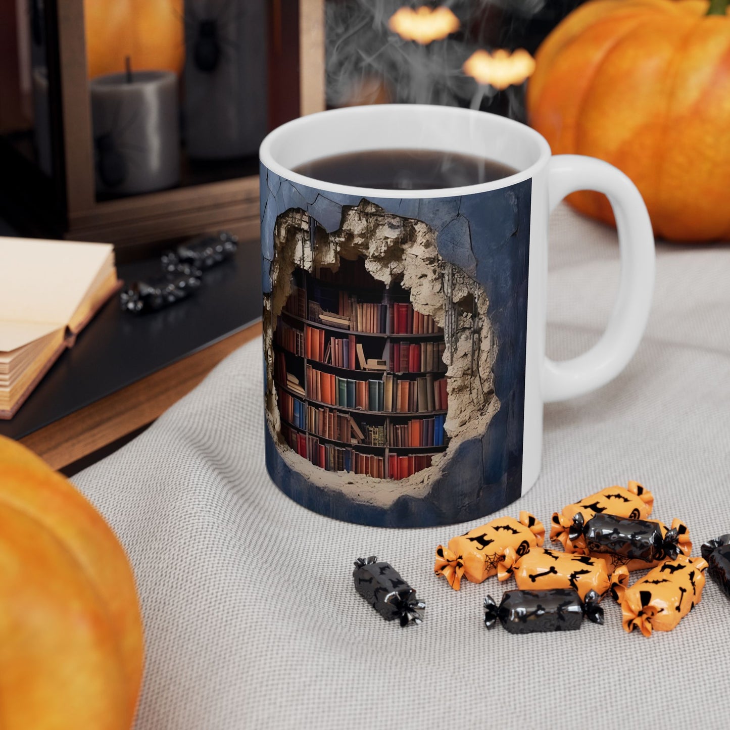 Mug - 3D Bookshelf Illusion - Unique Library Wall Break Design
