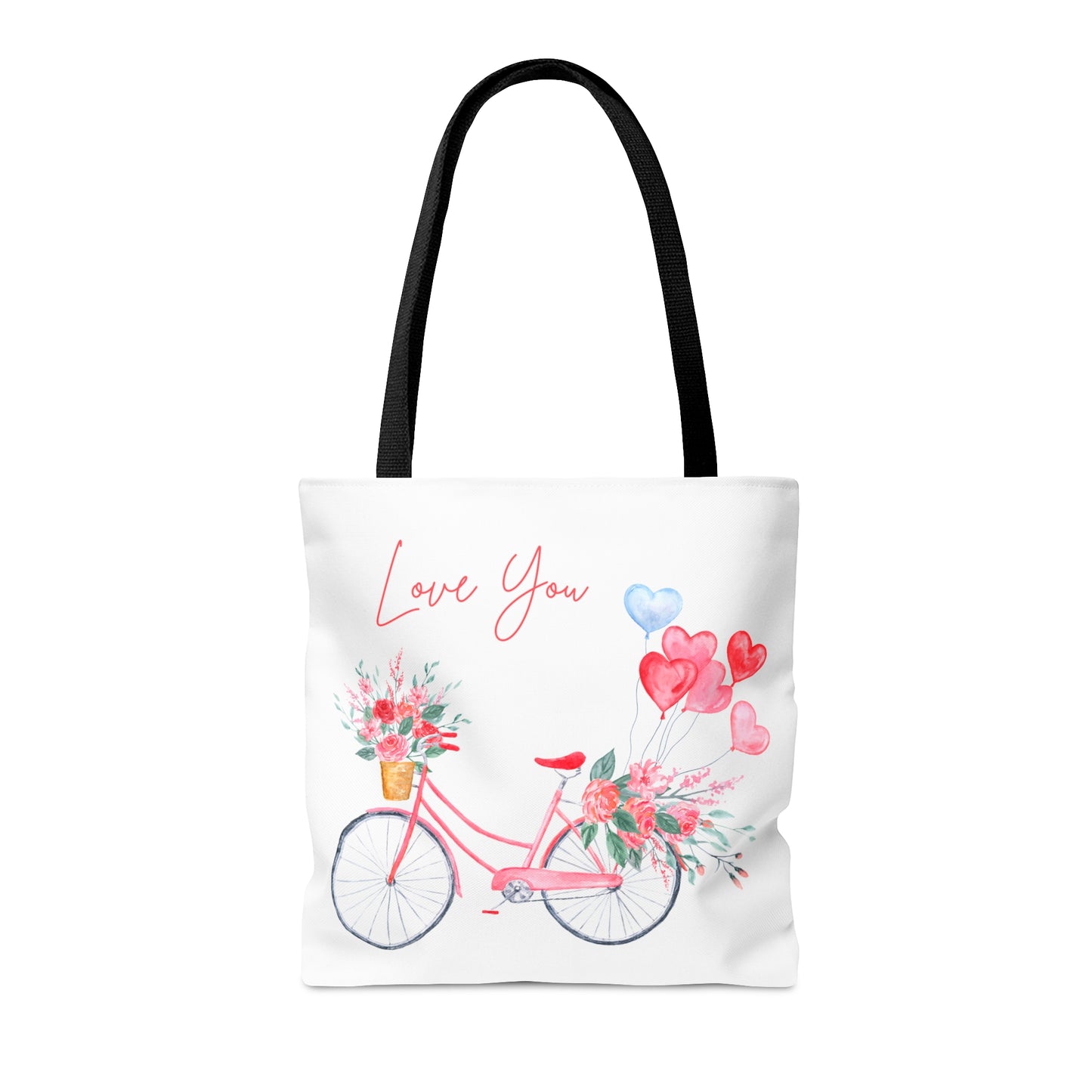 Love You with Bicycle and Heart Baloons Printed Tote Bag, Valentine's Tote Bag