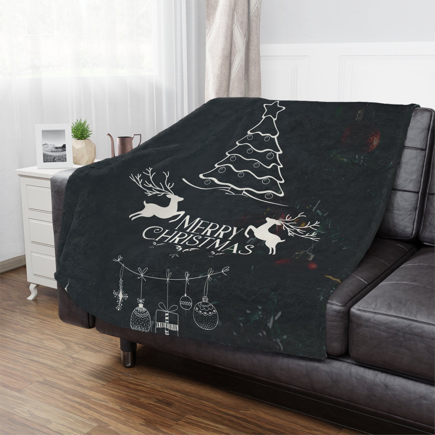 Merry Christmas in Black Printed Velveteen Minky Blanket