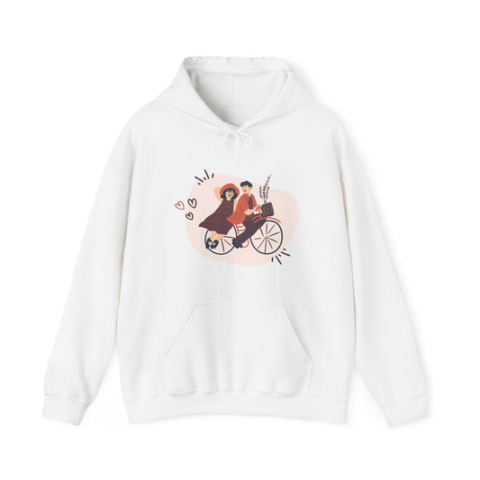Valentine Unisex Heavy Blend™ Hooded Sweatshirt, Beautiful Couple on Cycle Print