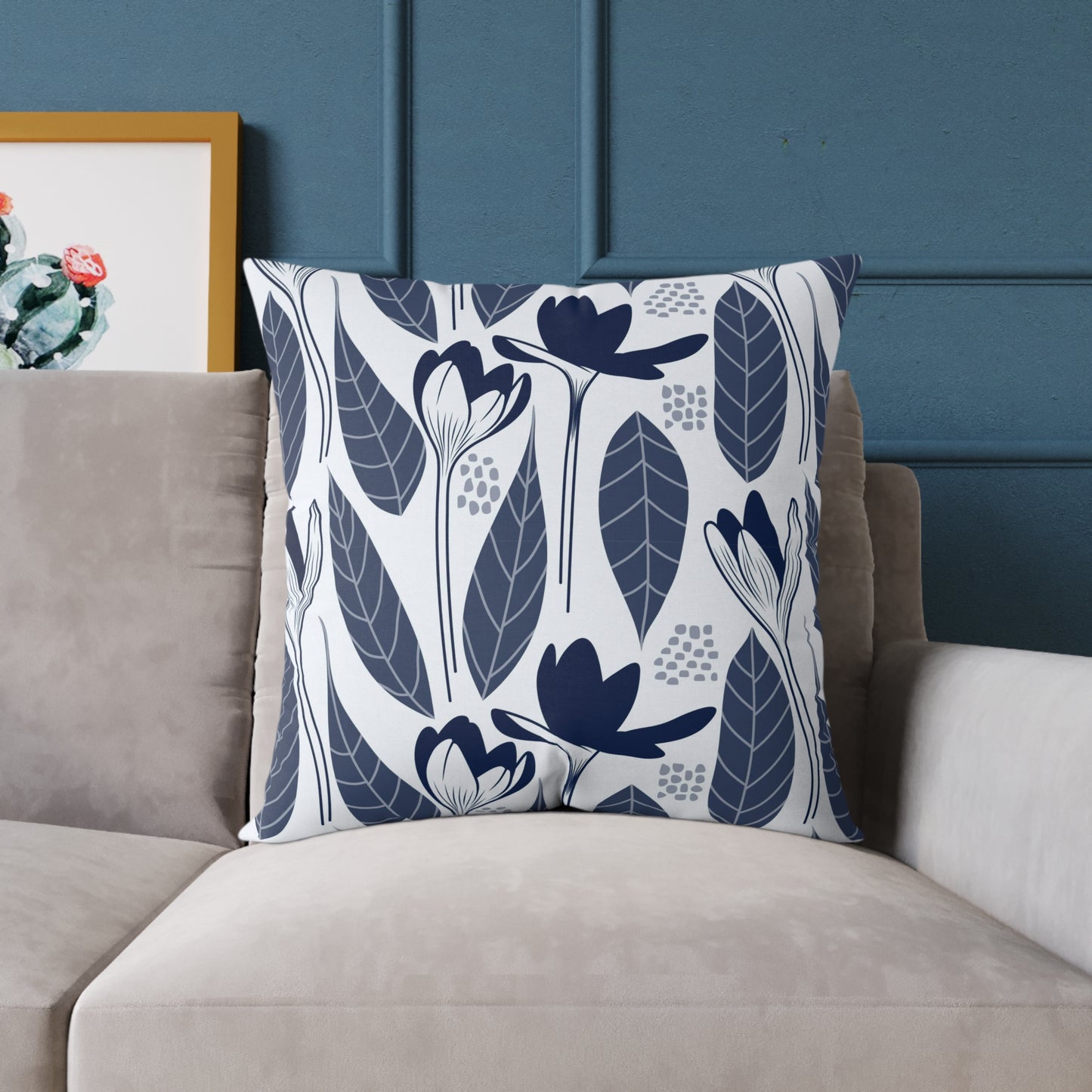 Minimalist Navy Blue Floral Throw Pillow – Modern Botanical Cushion