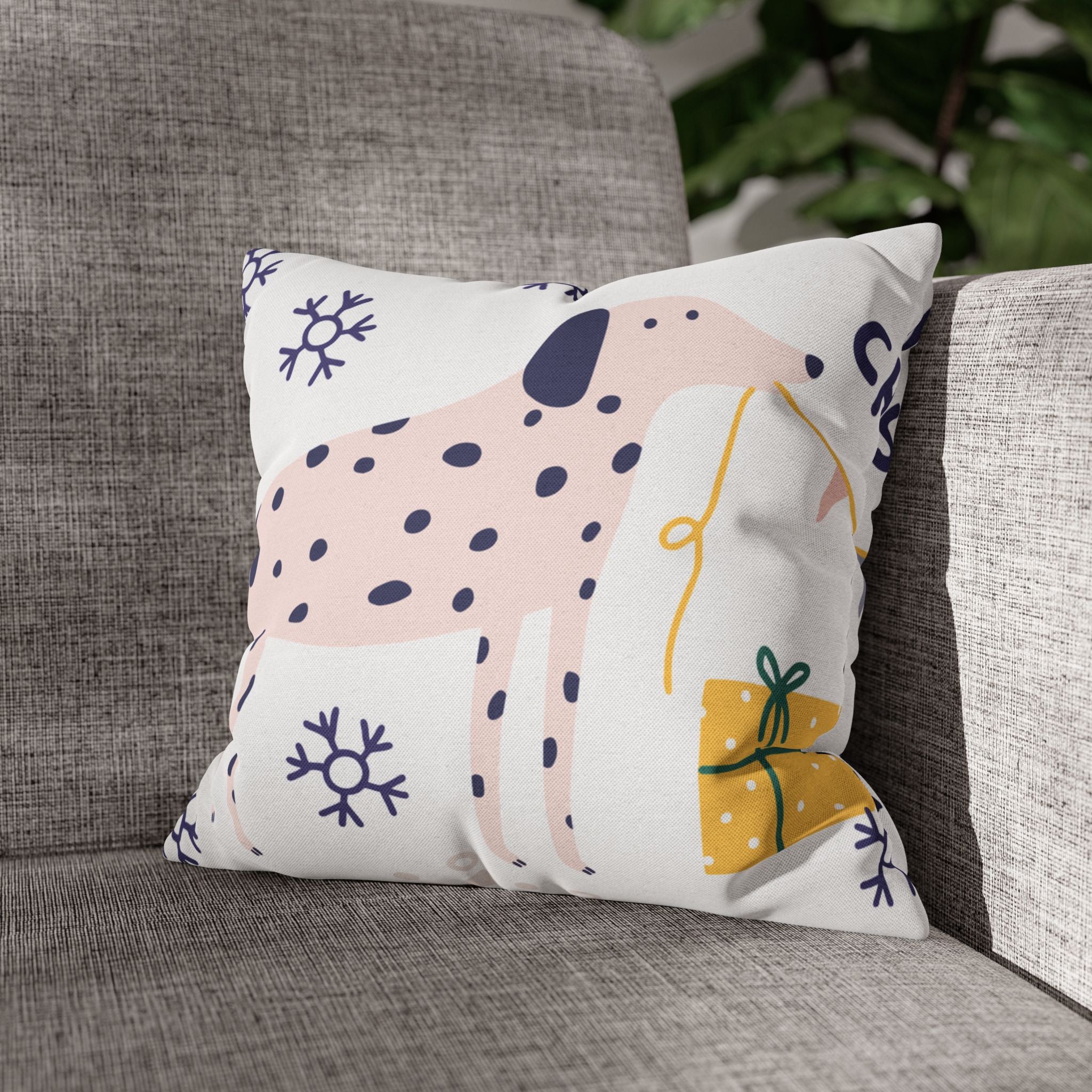 Christmas Dog Pillow Cover – Double-Sided Pastel Holiday Decor with Gifts & Snowflakes