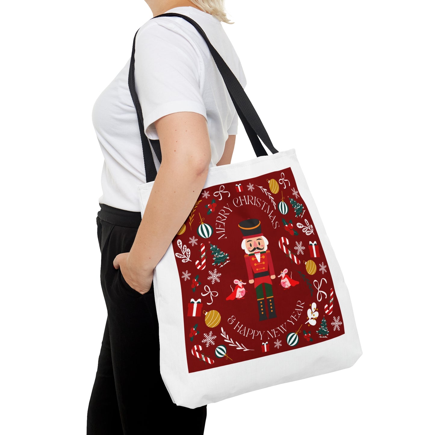 Tote Bag – Nutcracker & Holiday Icons Design – Christmas Gift for Shoppers & Seasonal Outings