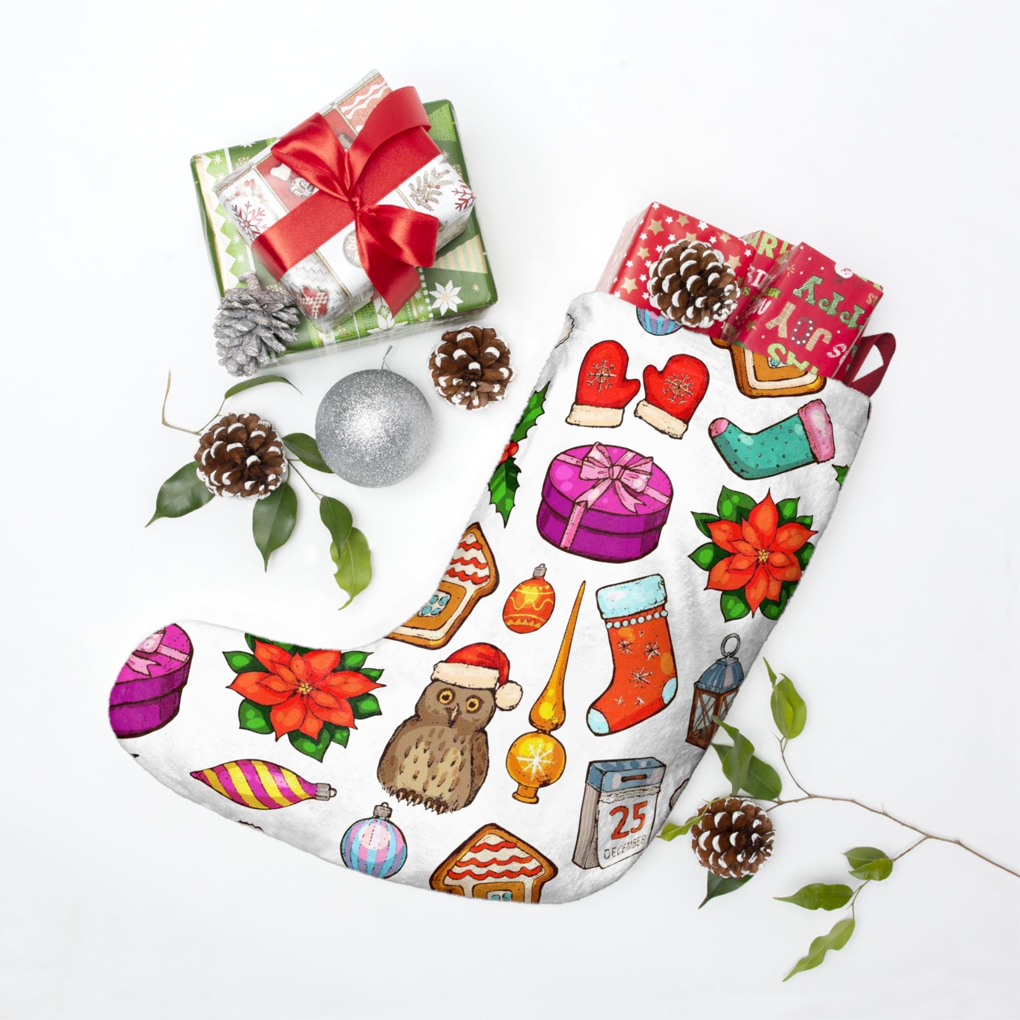 Christmas Stocking – Festive Collage with Santa Hats, Gifts & Whimsical Owl