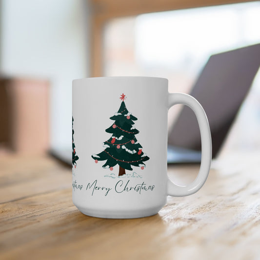 15oz Ceramic Mug – Merry Christmas Tree Design – Gift for Holiday Coffee Lovers, Seasonal Promotions