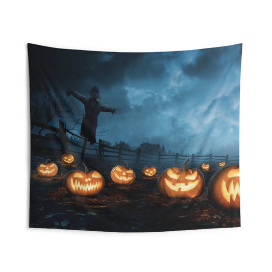 Halloween Wall Tapestry – Glowing Jack-o'-Lanterns & Scarecrow Scene – Spooky Fall Decor
