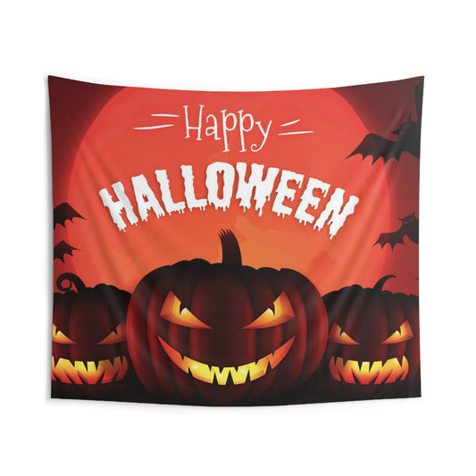 Halloween Wall Tapestry – Glowing Jack-o'-Lanterns & Red Moon Design – “Happy HALLOWEEN” Spooky Decor