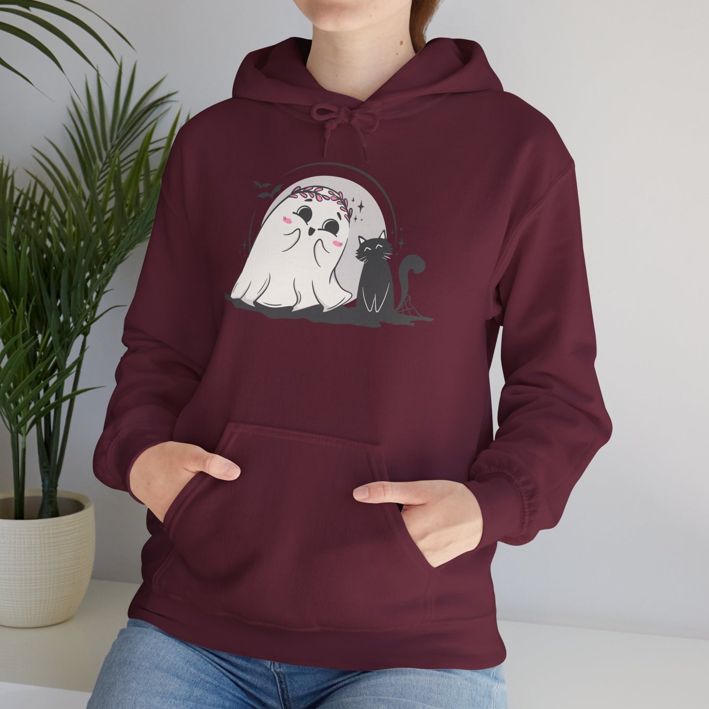 Floral Ghost & Black Cat Hoodie – Cute Halloween Companions