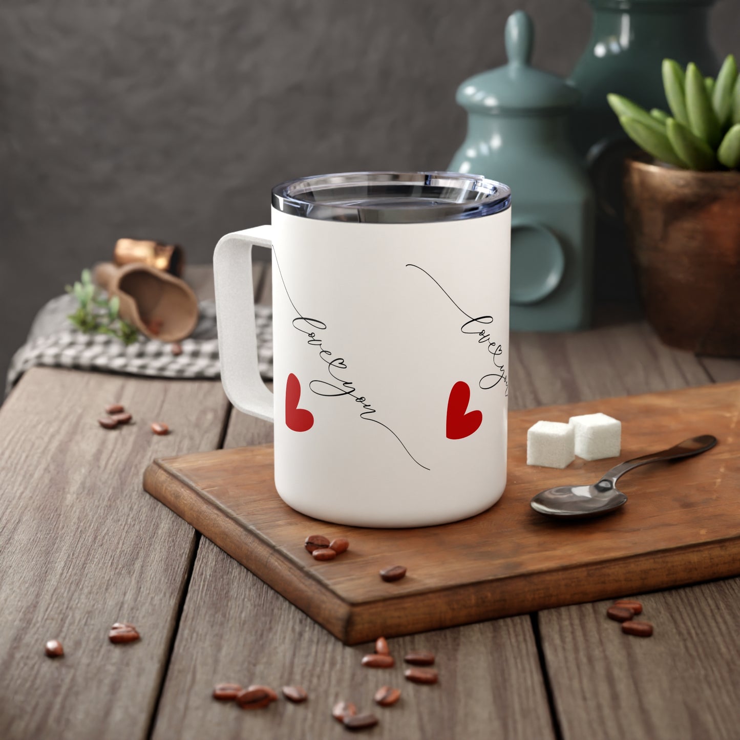 10oz Stainless Steel Travel Mug with “Love You” Red Heart Design, Romantic Gift for Valentine’s Day or Anniversary