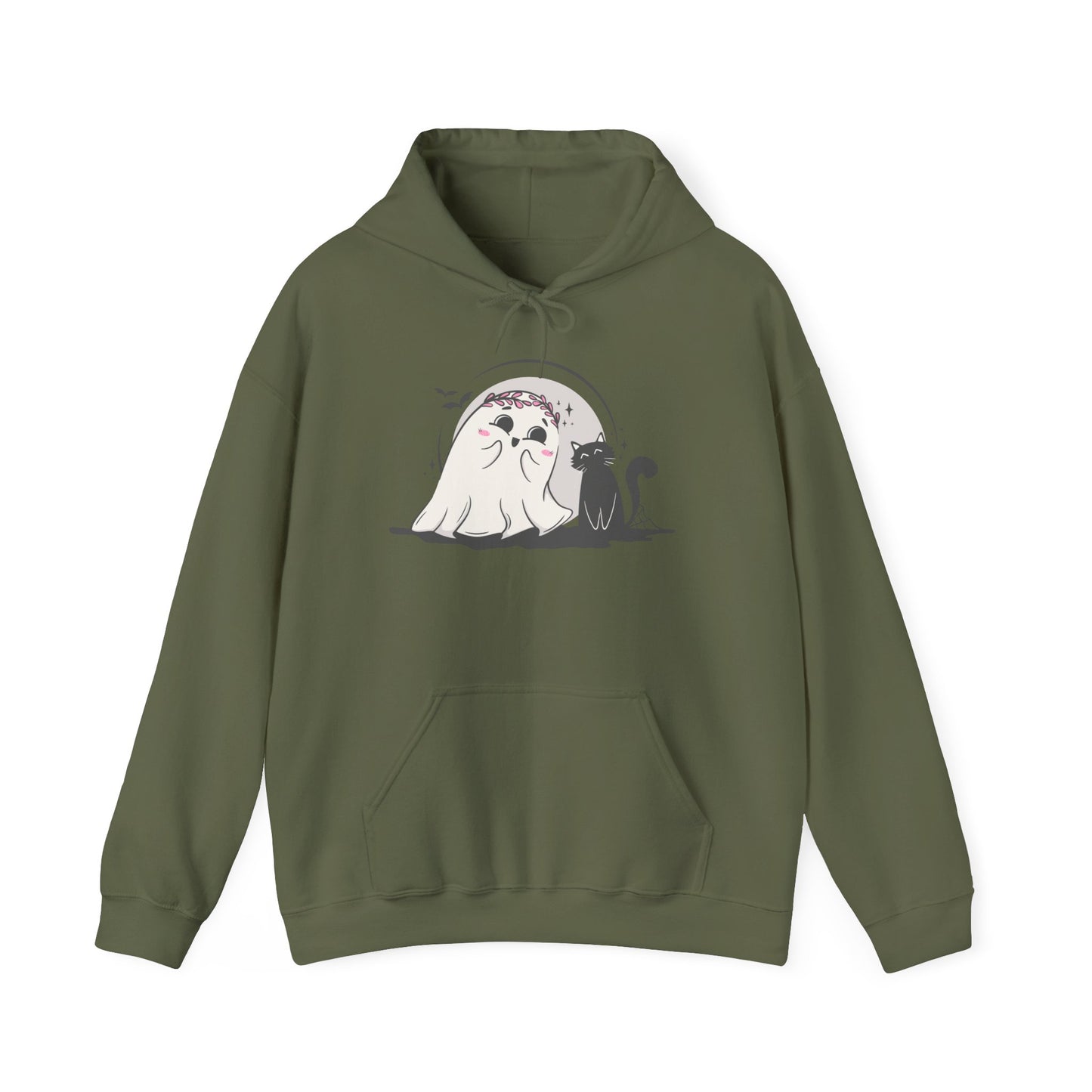Floral Ghost & Black Cat Hoodie – Cute Halloween Companions