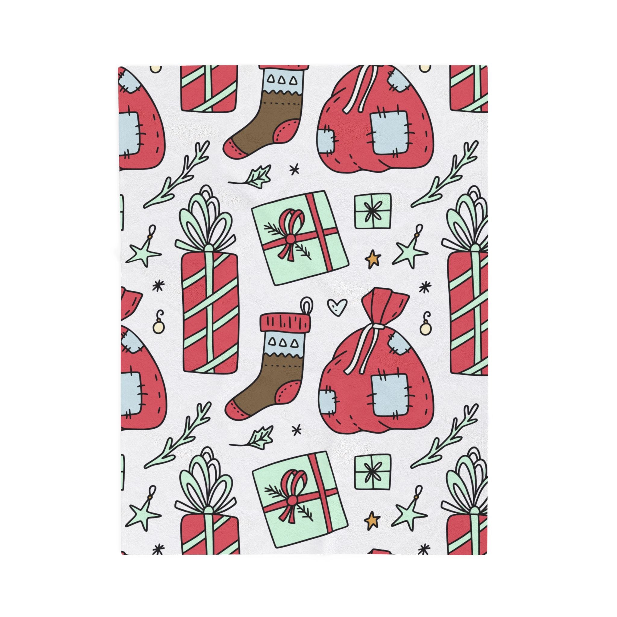 Gift Bag & Candy Cane Velveteen Plush Blanket – Festive Christmas Present Pattern