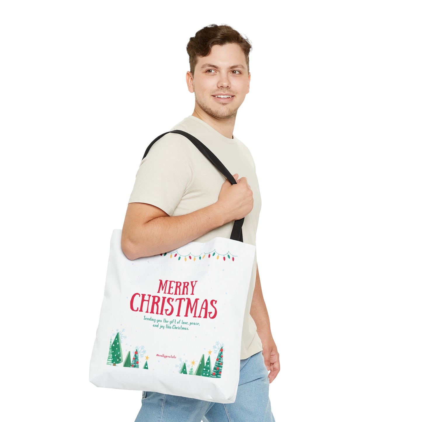 Tote Bag – “MERRY CHRISTMAS” with Lights, Tree Row & Holiday Message – Gift for Festive Errands & Seasonal Cheer
