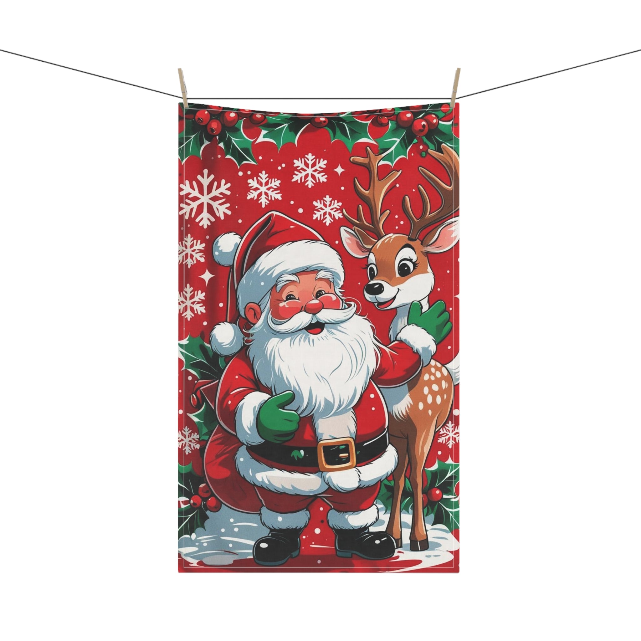 Christmas Tea Towel with Santa Claus and Deer Design