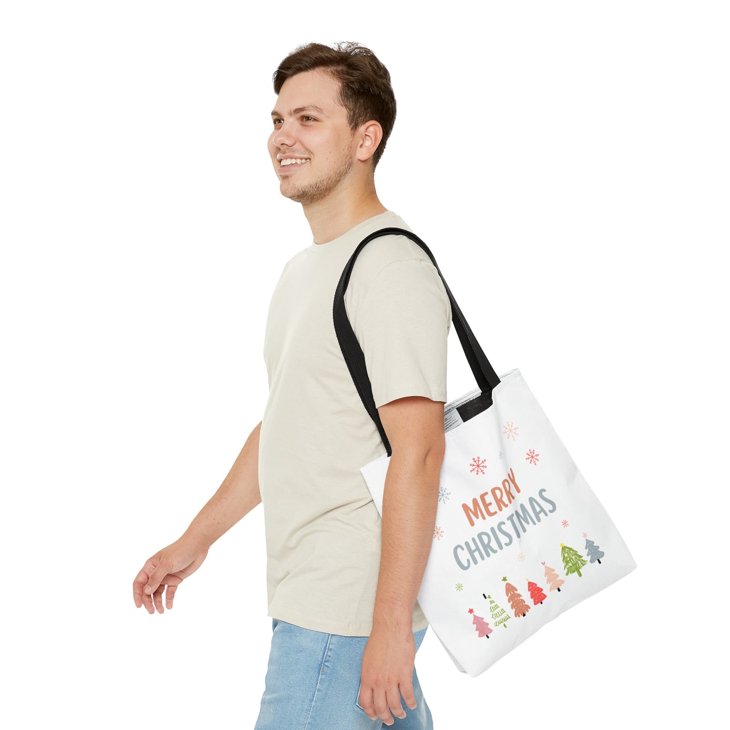 Tote Bag – “MERRY CHRISTMAS” Text with Snowflakes & Colorful Tree Row – Holiday Gift for Seasonal Shoppers