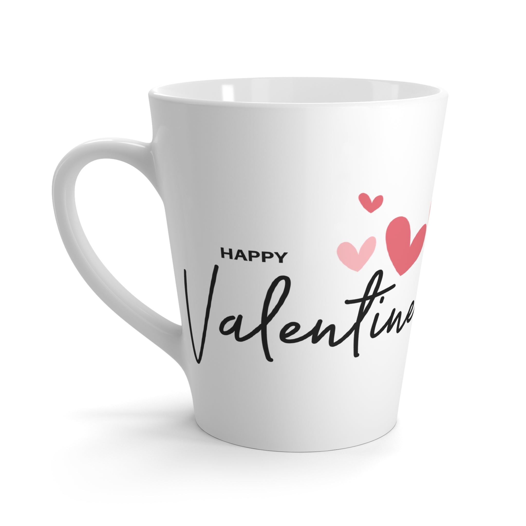 Ceramic Latte Mug – “Happy Valentine” with Pink & Red Hearts