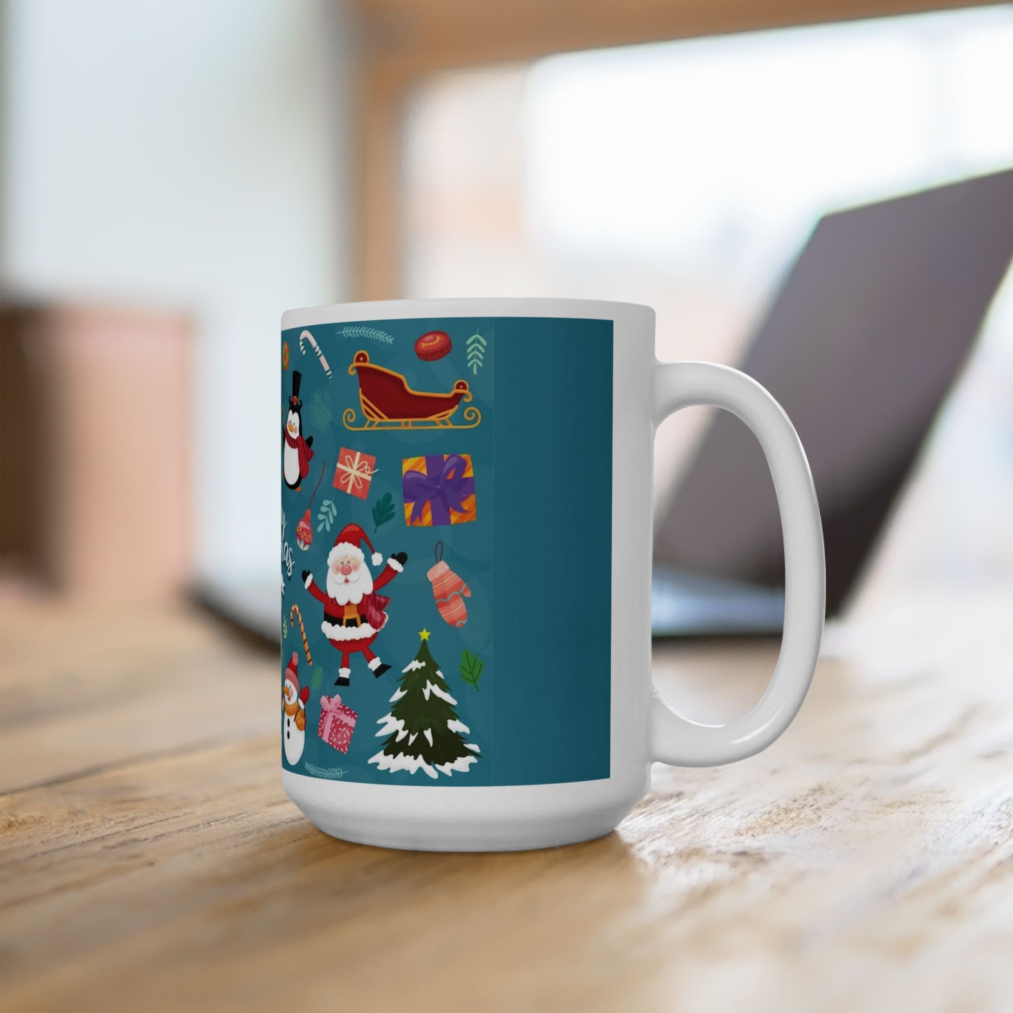 Christmas Ceramic Mug – 15oz White Holiday Coffee Cup with C-Handle