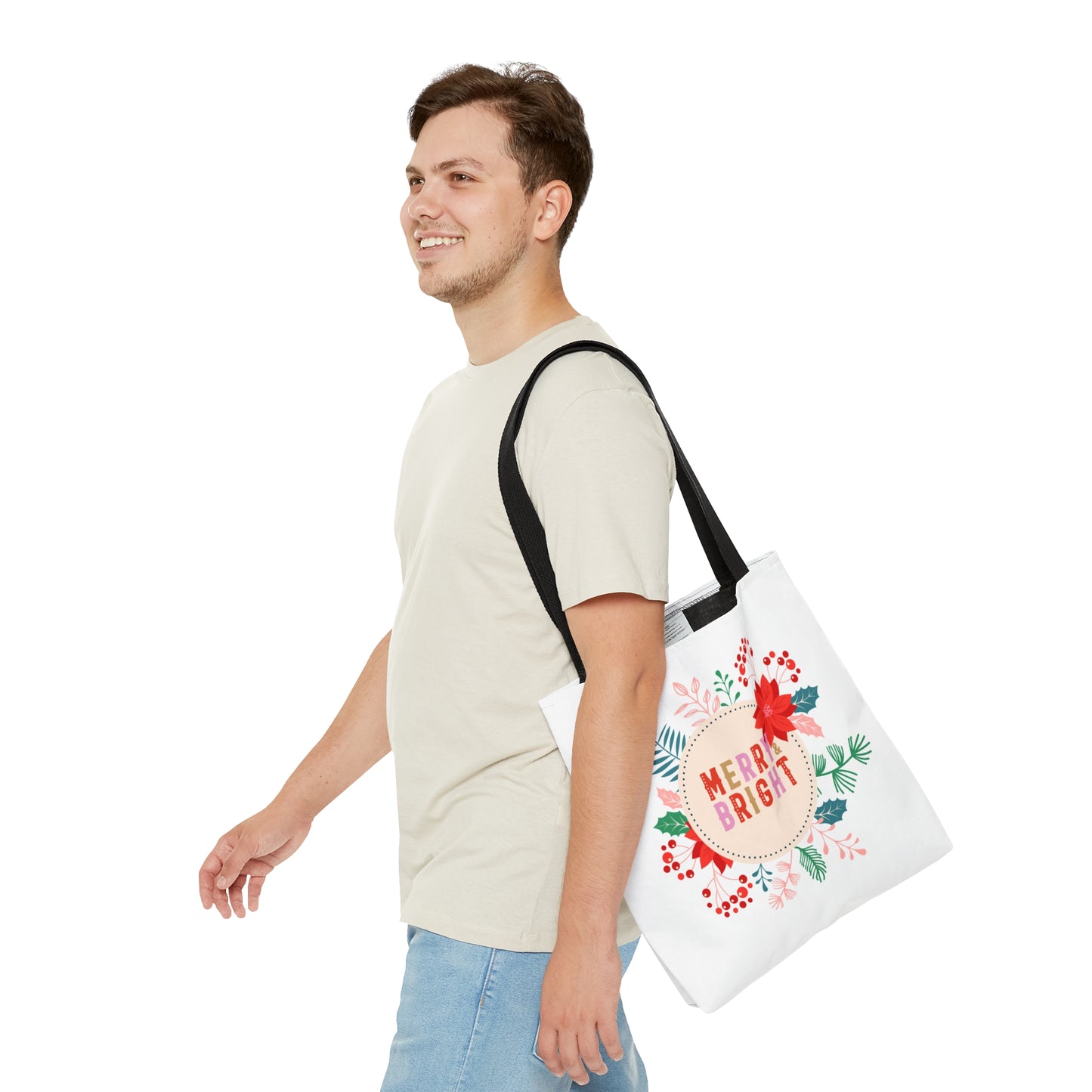 Tote Bag – MERRY & BRIGHT Floral Design – Gift for Christmas, Holiday Shopping, Winter Outings